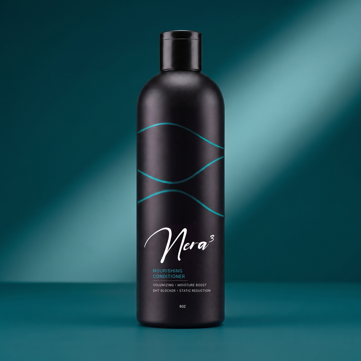 Nera3 Nourishing Conditioner, rounded matte-black bottle on a teal field