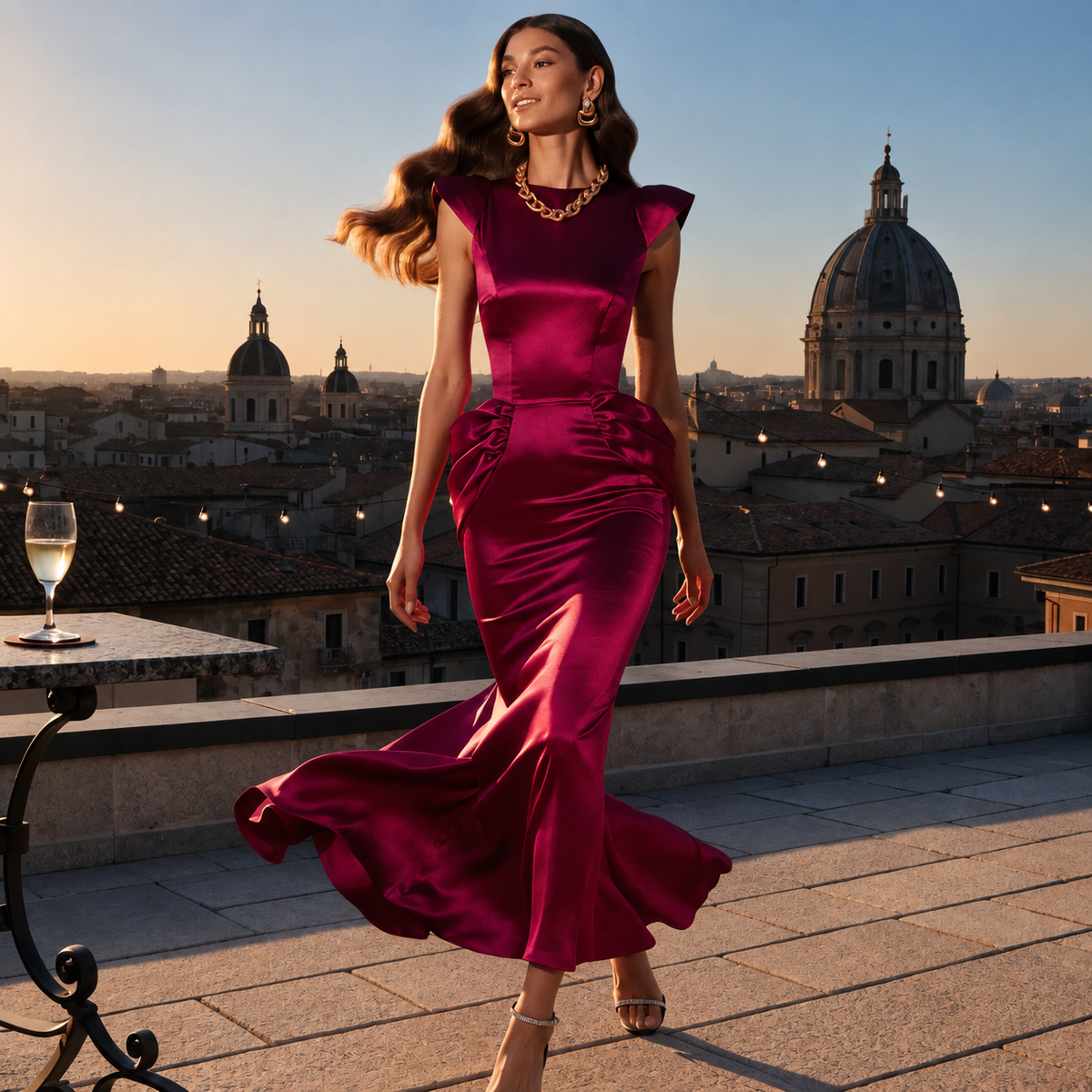 A woman in a magenta gown on a rooftop terrace above an Italian city at dusk