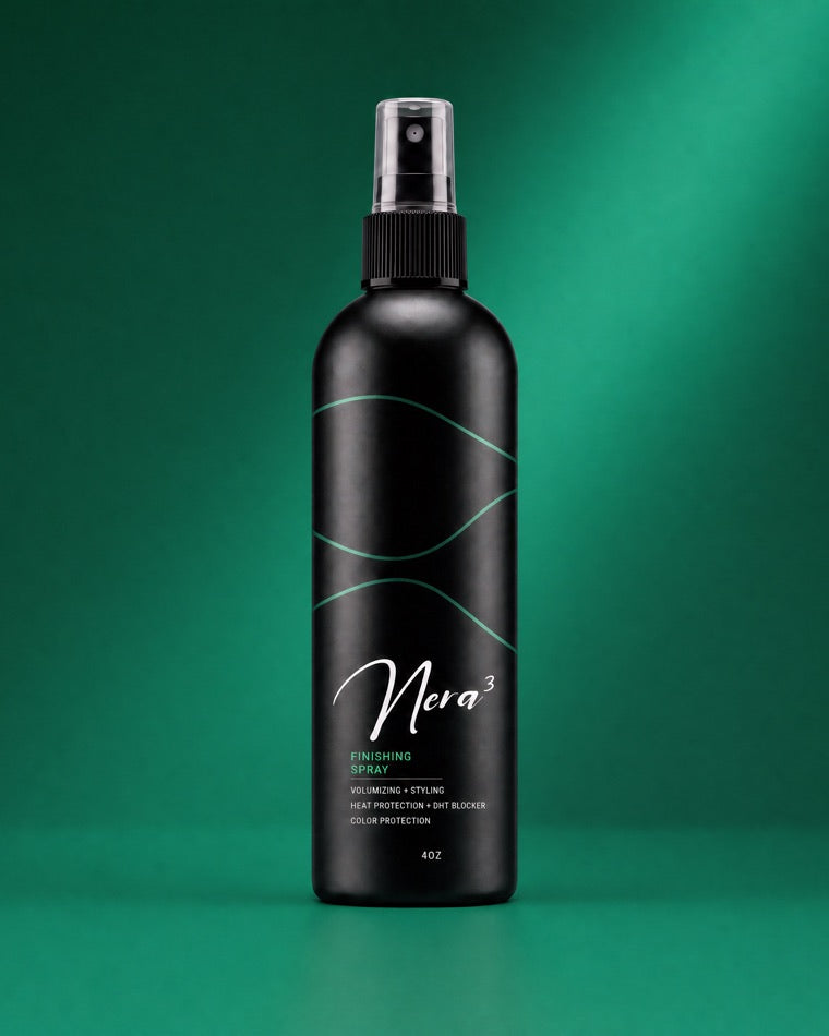 Nera3 Finishing Spray, matte-black spray bottle on a green field