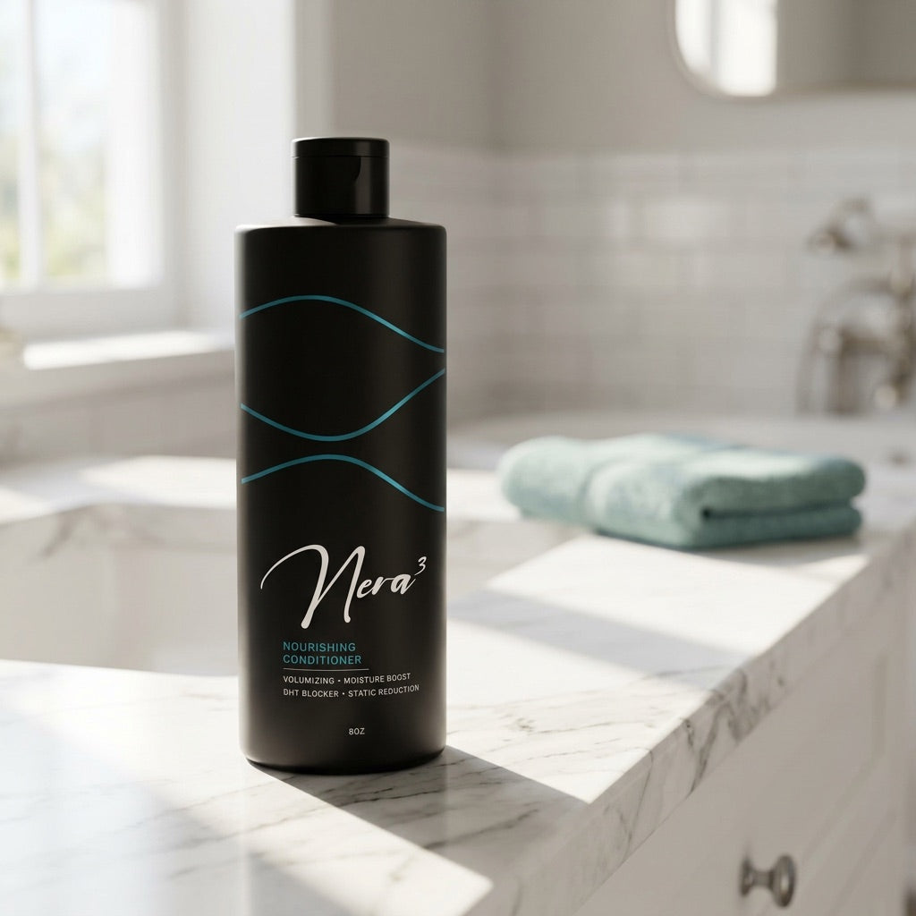 The Nera3 Nourishing Conditioner on a marble bathroom counter beside a folded towel