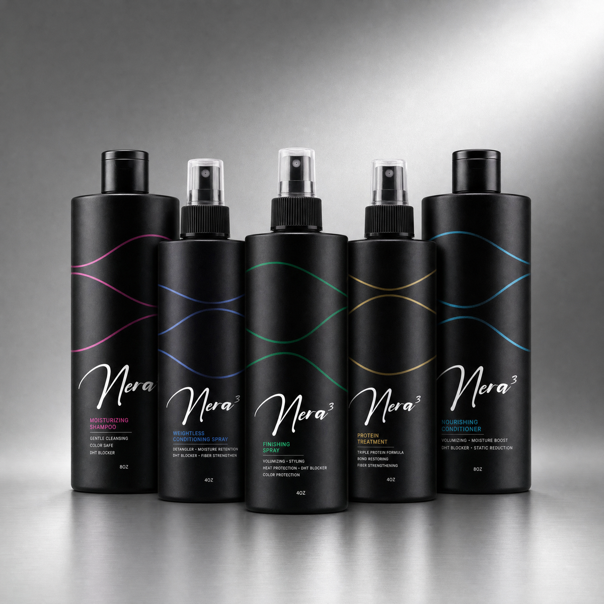 The five Nera3 bottles lined up on a silver studio backdrop