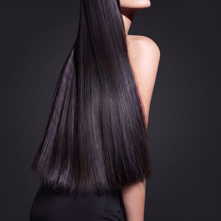 Dark hair and bare shoulder behind a black railing against a magenta field