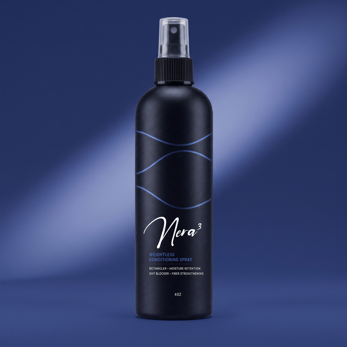 Nera3 Weightless Conditioning Spray, matte-black spray bottle on a blue field