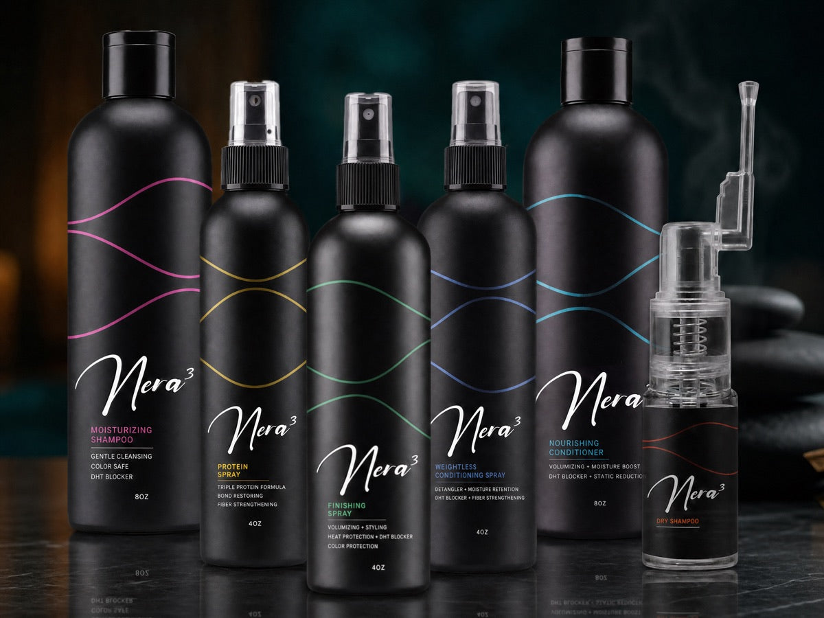 The six Nera3 formulas in rounded matte-black bottles on dark marble