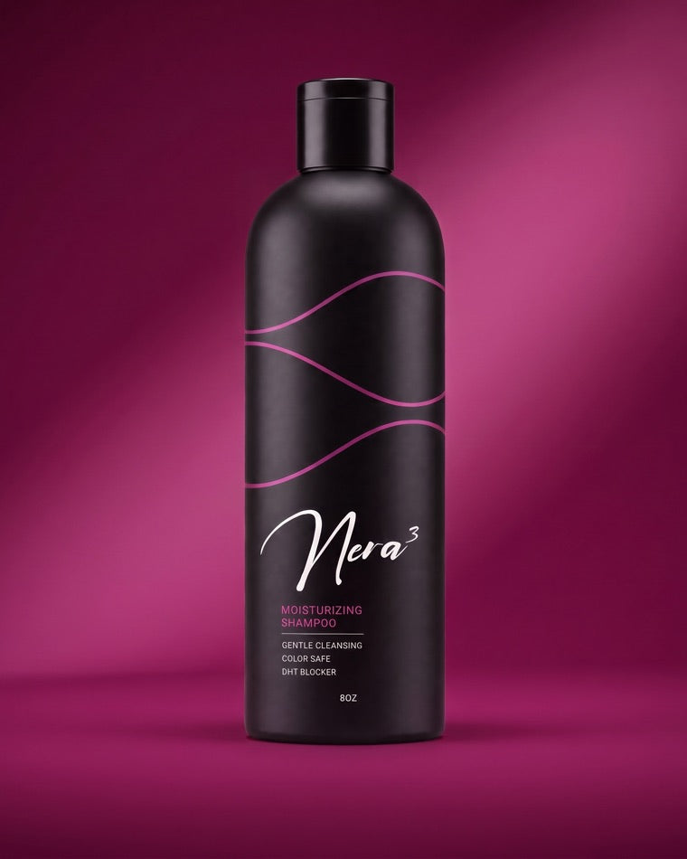 Nera3 Moisturizing Shampoo, rounded matte-black bottle on a magenta field