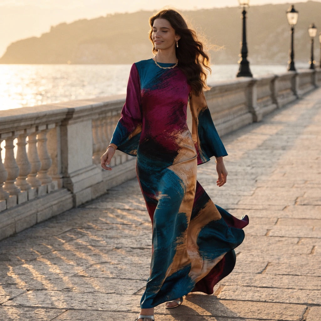A woman walking a seafront promenade at golden hour